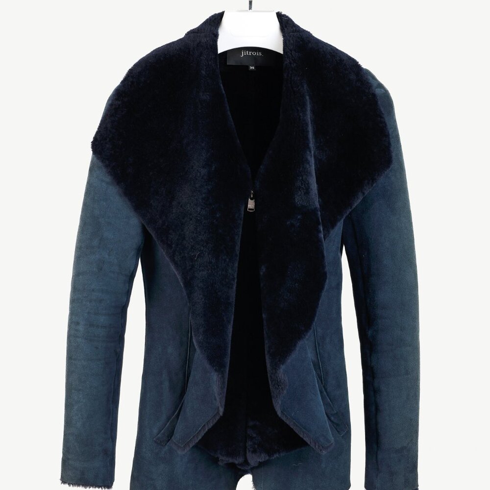Jitrois Navy Blue Sheep Shearling Moto Jacket